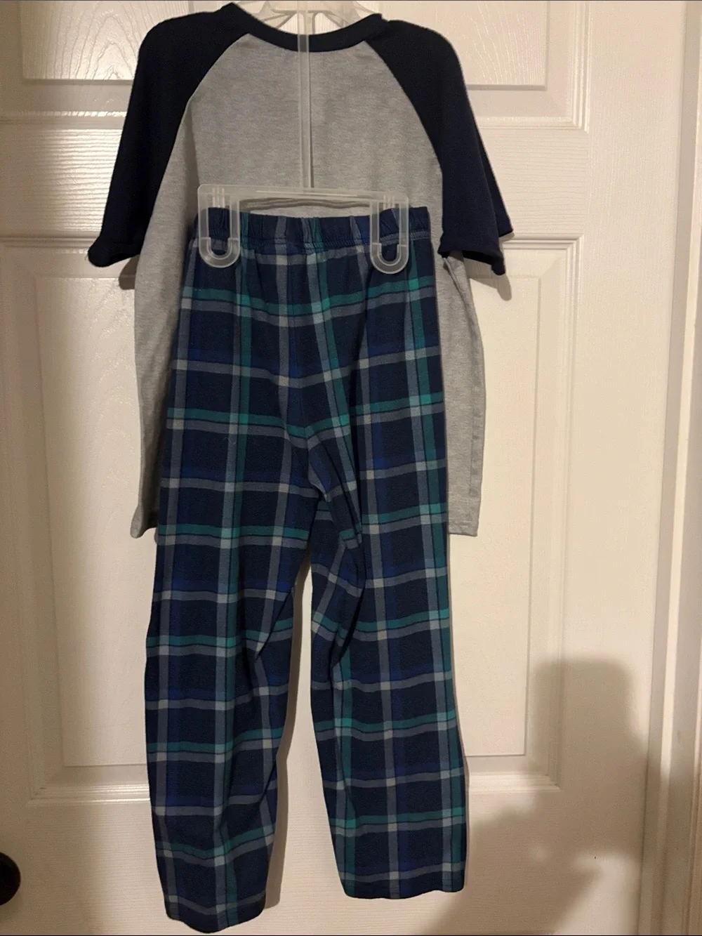 Boys Size 7/8 Grey Henley Top with Navy & Teal Plaid Pajama Pants